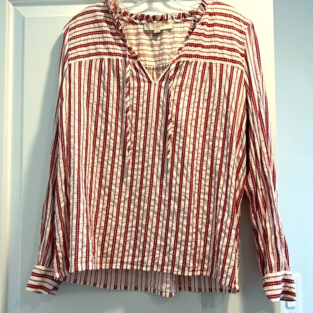 Loft ruffle tie neck long sleeve blouse